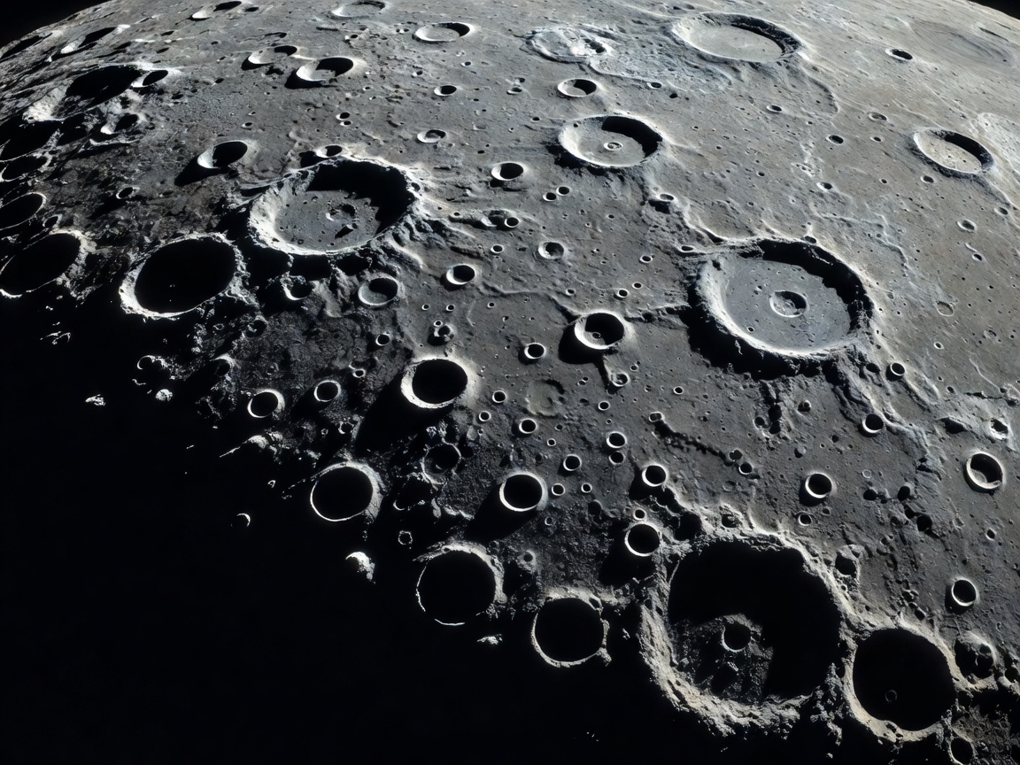 Close-up of a cratered moon surface in stark light and deep shadow