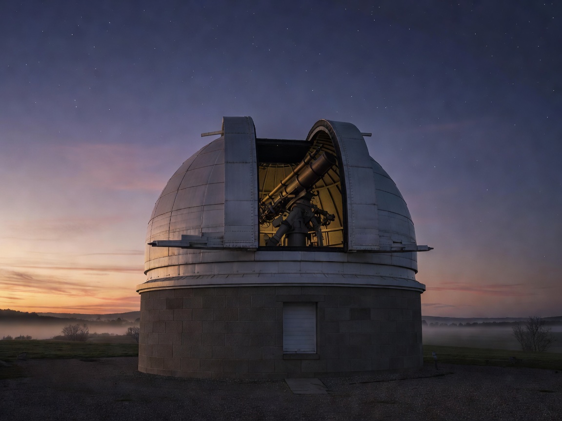 An observatory dome at dusk with its shutter open toward the darkening sky